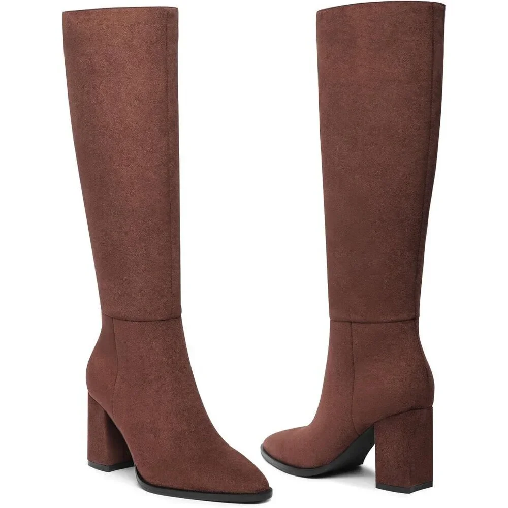 Women's Brown 1 Classic Chunky Heel Pointed Toe High Heel Side Zipper Tall Boot